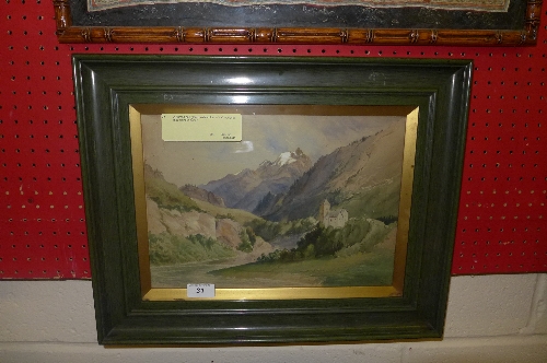 A framed and glazed watercolour of a Continental mountainous scene