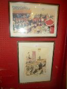 Two framed and glazed amusing courtroom caricature studies W 47 cm