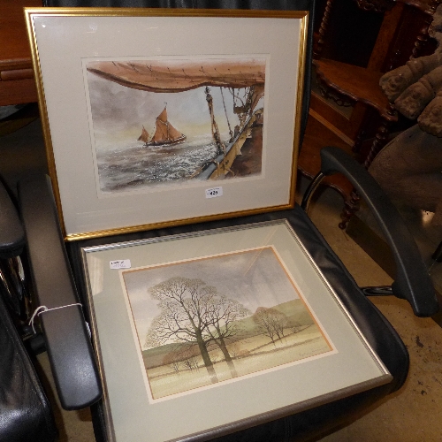 A watercolour sailing in the North Sea by Vernon Wildgoose and a watercolour of trees