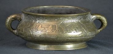 A large Chinese twin-handled censor decorated with warriors figural motif  D30cm