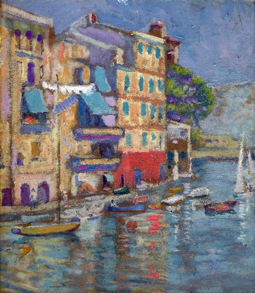 An oil on board of a waterside town scene after CRW Nevinson signed lower right    37x41cm