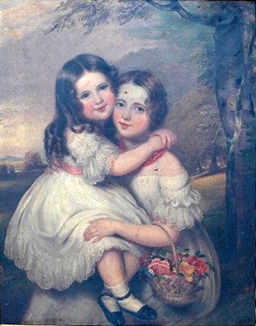 A Victorian oil on canvas of two children embracing with bouquet of flowers beside tree in gilt