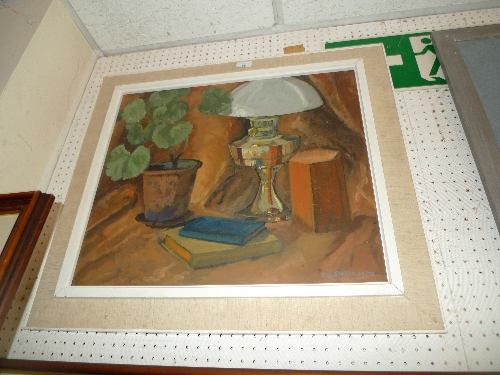 An oil on board still life of a lamp and other items by Dennis George Knowland signed with details