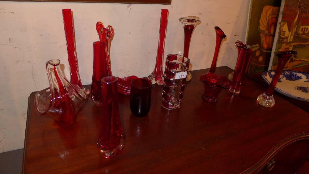 A collection of fifteen pieces of coloured glass to include posy vases and other similar  H 4 - 26