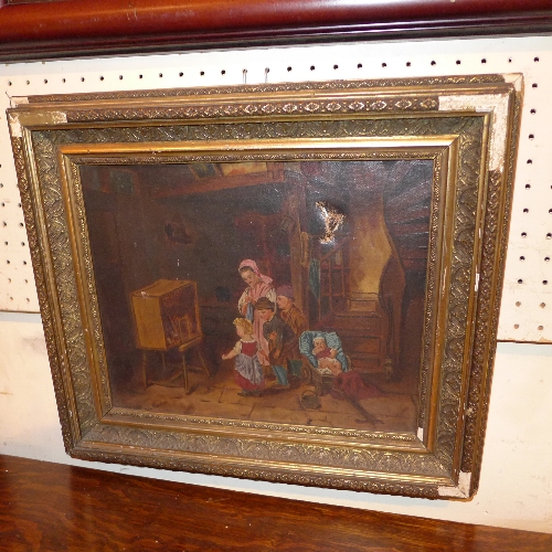 An oil on canvas rural interior scene with figure within gilt frame (A/F) Width 30 cm X Height 24