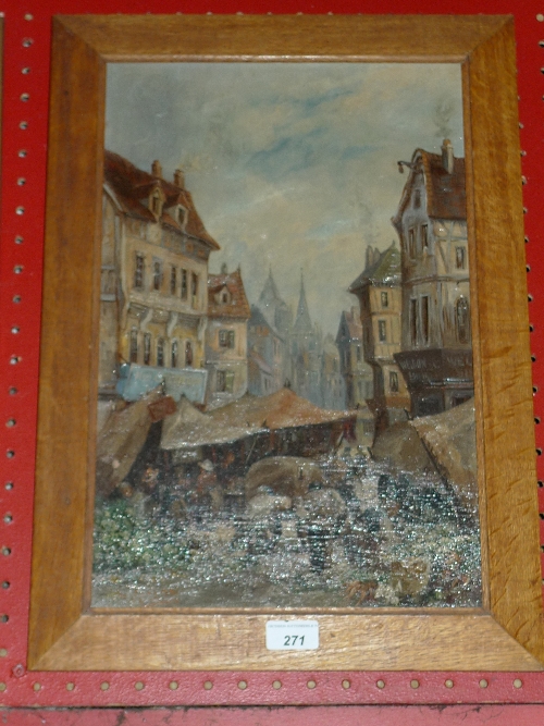A C19th oil on canvas Northern French market scene signed Wollon  W 38 x H 55 cm