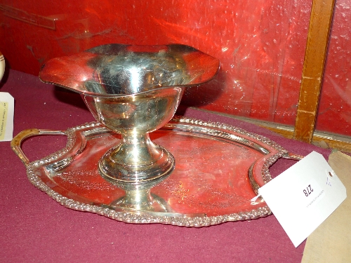 A silver plated twin handled tray with engraved detail and a shaped rose bowl [2]   W 20 - 40 cm