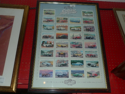 A framed set of Castella classic sports car cigarette cards W 46 x H 66 cm