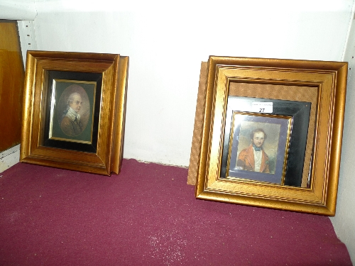 A pair of framed and glazed miniatures of well dressed gentlemen W 25 X H 26 cm