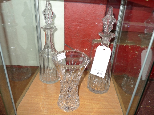 A pair of cut glass decanters of faceted mallet form and a cut glass vase H 20 - 37 cm