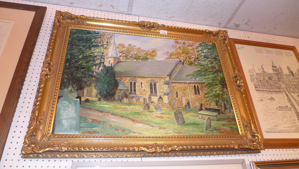 An oil on canvas St Cuthberts church within gilt frame signed P.B.Thomas      W 93 x H 66 cm