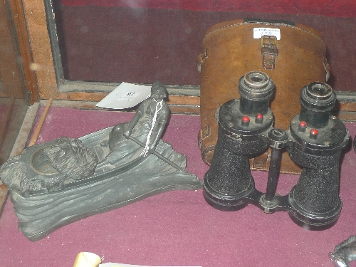 A pair of Second World  war field glasses in leather case and an Art Nouveau pewter inkstand W 25cm