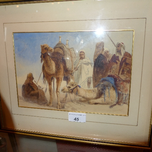 A watercolour Arabian desert scene with figures beside camels signed Elijah Watton 1861 (provenance