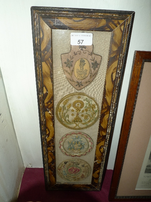 A glazed and framed antique Seville tapestry of The Holy Communion  and an etching of The Madonna