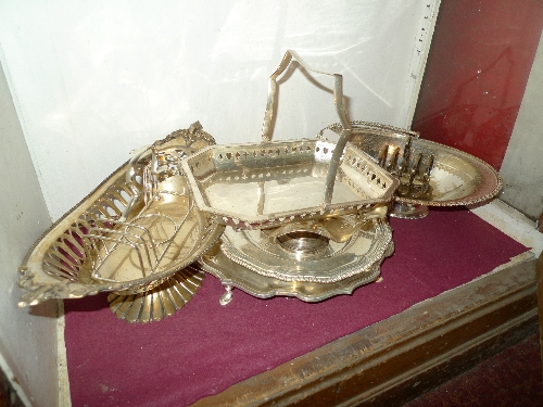 A collection of silver plated items including a Mappin and Webb salver with a piecrust edge, an