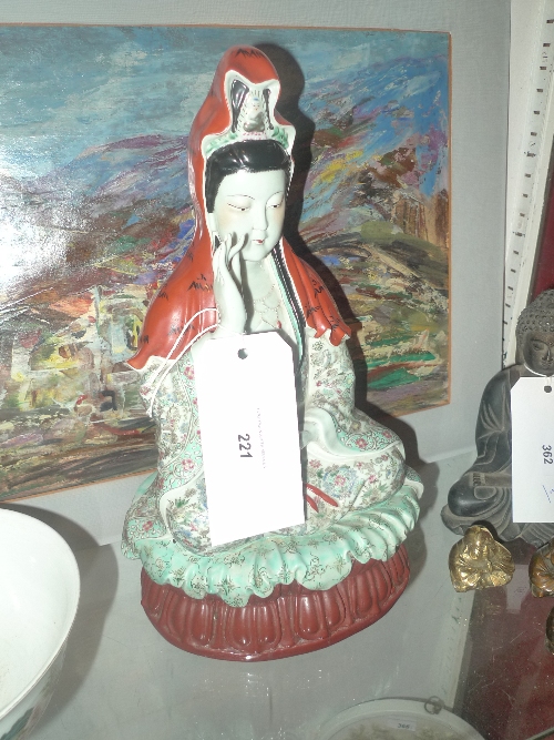 A C20th porcelain Chinese seated figure with gilt bottle vase with impressed mark to the base H 41