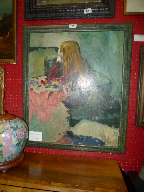 An oil on board `The Girl with the Auburn Hair` by Val Fazackerley W 49 H 59 cm