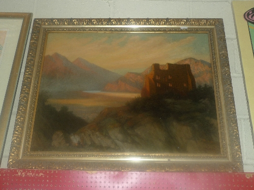 An oil on canvas hilly landscape with castle ruins signed within gilt frame W 90 H 70 cm