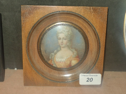 A miniature portrait of a regal lady in stained beech frame W 14 H 14 cm