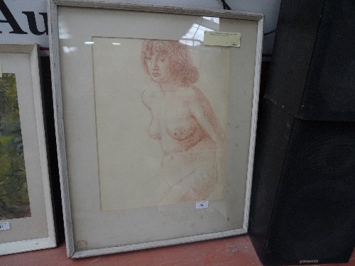 A sepia pastel drawing portrait of a nude woman framed and glazed W 34 H 43 cm