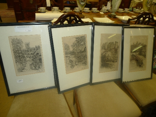 A set of four signed etchings 'Bodian Castle' ' Sutton Poynt' and two others W 20 H 28 cm