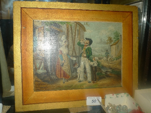 A C19th oil on board of a couple with gentleman drinking and an oil on board primitive study of a