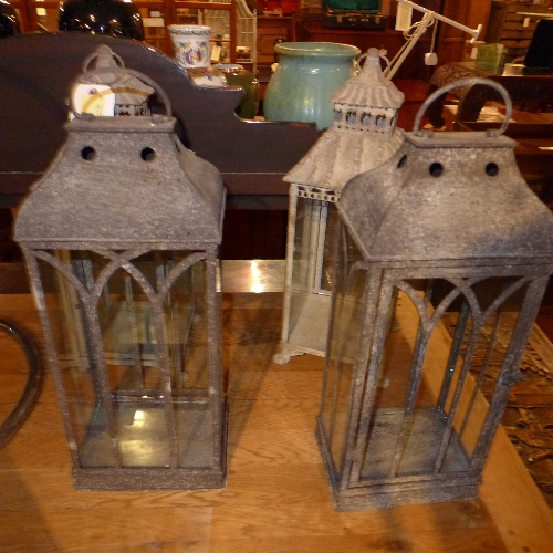 Two metal bamboo form hanging lanterns and a pair of similar [4]