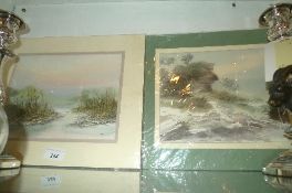 Two unframed oriental watercolour landscape scenes signed SAK and KHOSAT