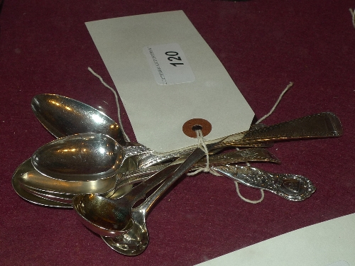 A George III hallmarked silver dessert spoon two mustard spoons and a selection of five teaspoons