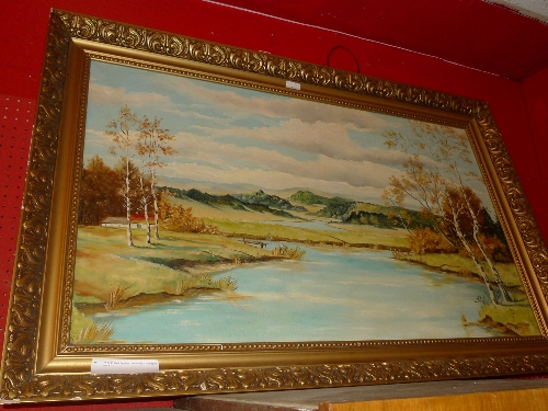 An oil on board tree lined river scene in ornate guilt frame