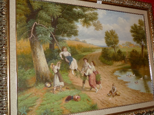 A pair of oils on canvas of woodland scenes with children beside a stream and children at play