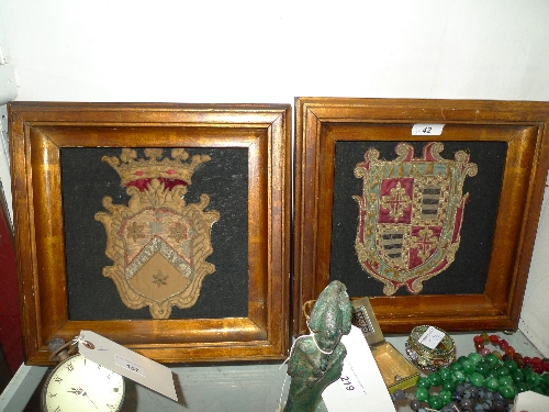 A pair of C17th Tabard coat of arms with gold thread and silk in gilded frames