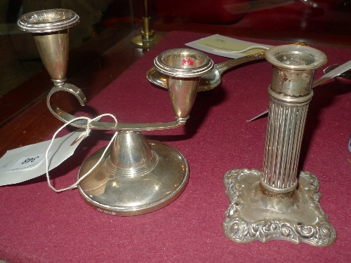 A hallmarked silver miniature Corinthian column form candlestick and a twin sconce similar