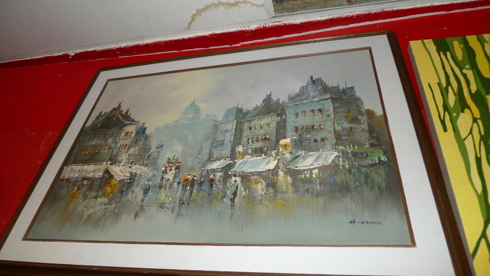 A painting on canvas Parisian market street scene.  110 x 88 cm.