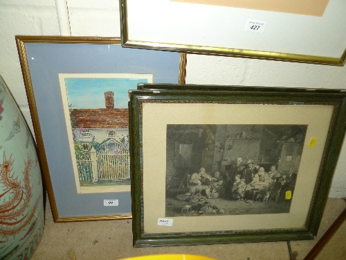 A pair of prints monochrome interior scenes and a coloured engraving country cottage