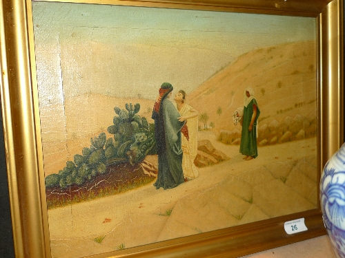 An oil on canvas Arabian scene with lovers in the fore
