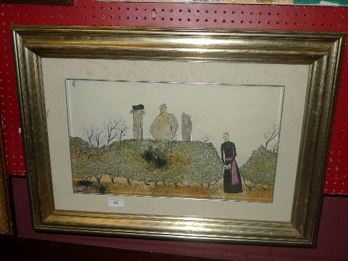 A watercolour surrealist study with classical statue and priest framed and glazed