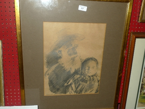 A pencil drawing `Child with Methuselah` by Andrew Vicari framed and glazed