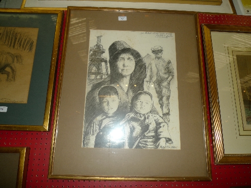 A pencil drawing `Widow and Children Following the Welsh Mining Disaster in Aberfan` by Andrew