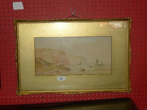 An early C20th watercolour coastal study with sailing vessel in the distance signed M D Ansell