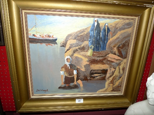 A Scandinavian oil on canvas North African bather with Sailing boat signed E. Sigurd Burissmyr 1950