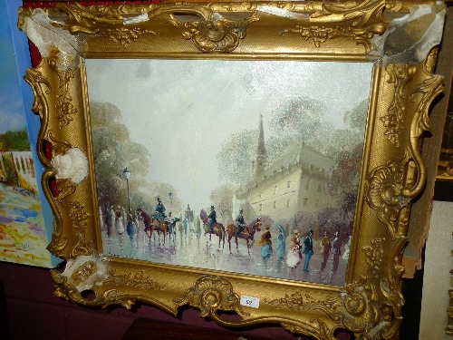 An oil on canvas Continental street scene within gilt frame (a/f)