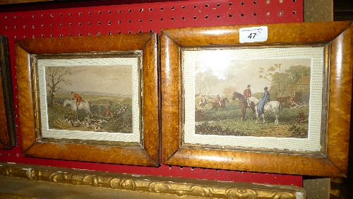 A set of three hunting prints within maple frames