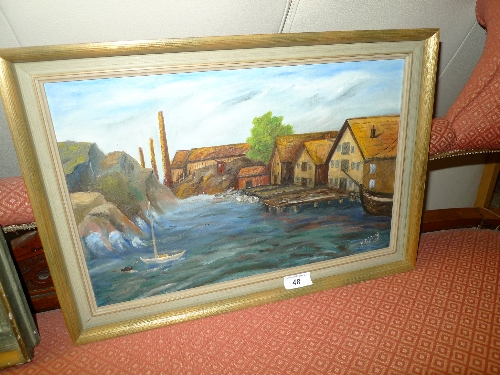 A Scandinavian oil on board Jetty and Sail Boat signed H. Bjorns