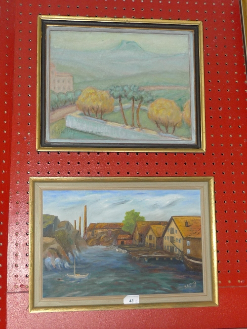 An oil on canvas harbour scene signed H. Bjorns `52 together with an oil on board landscape signed