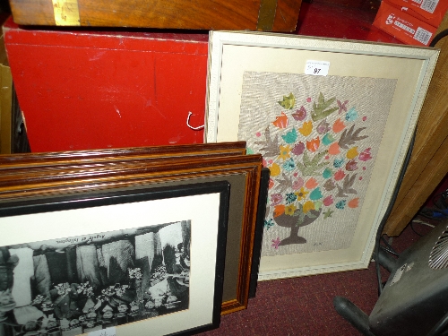 A collection of four glazed and framed Islington views and a needlework panel of a flowering tree (