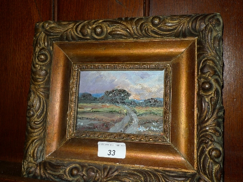A Russian oil on board country landscape in gilt frame