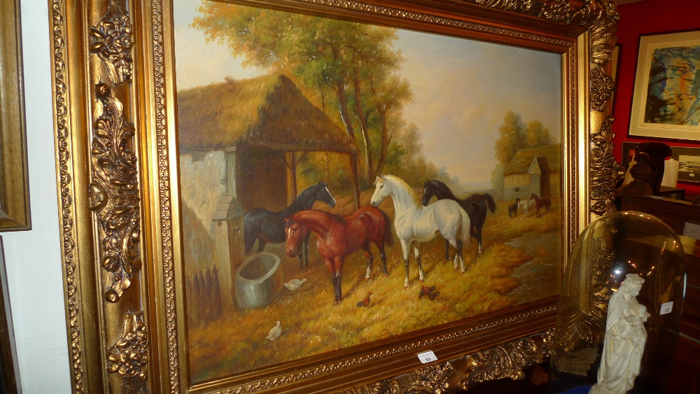 A large oil on canvas horses beside a stable in ornate gilt frame