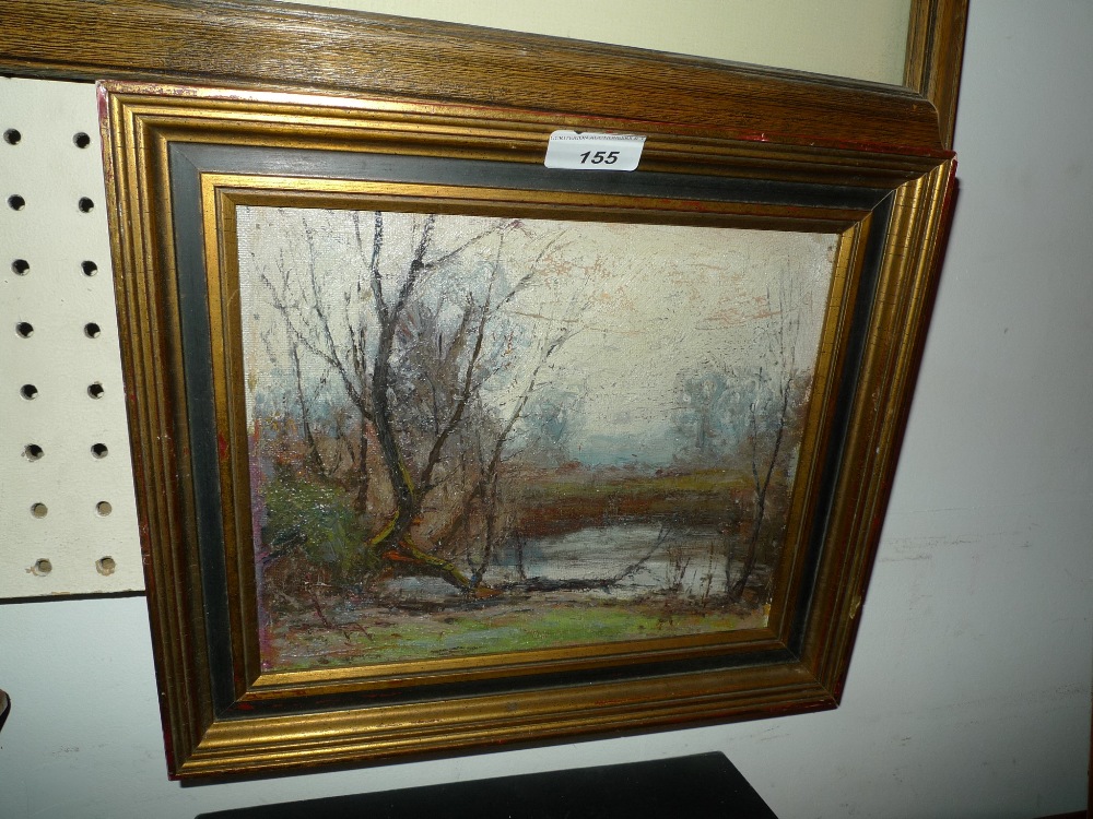 An oil on board country scene with trees beside a pond