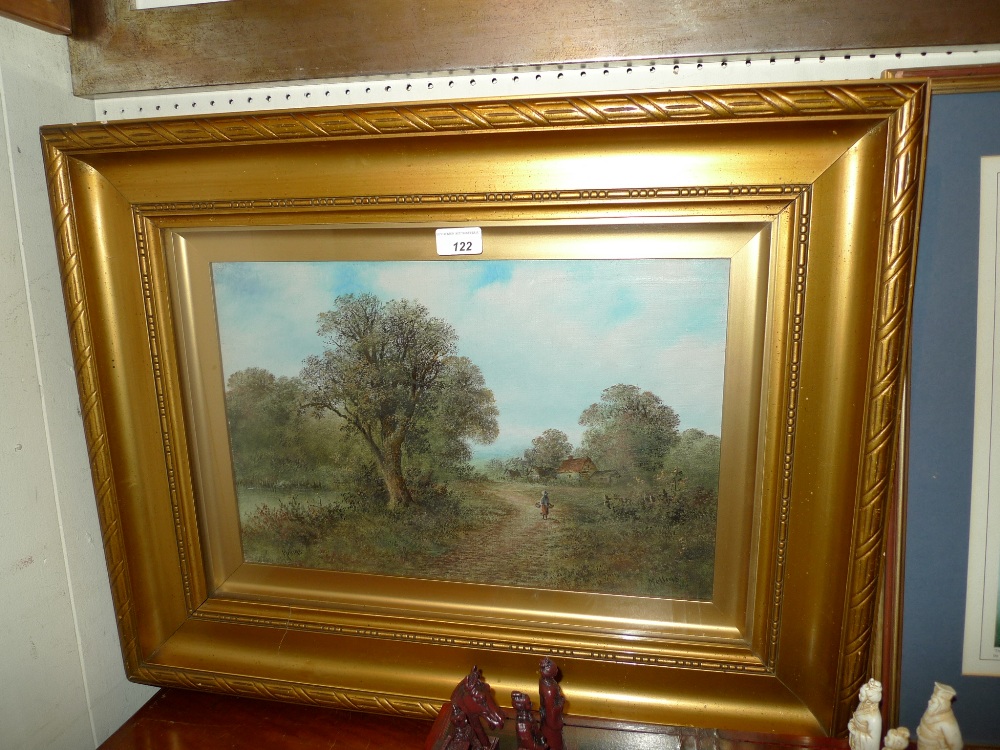 A signed oil on board in a gilded frame by Mellins of a girl carrying two baskets walking along a